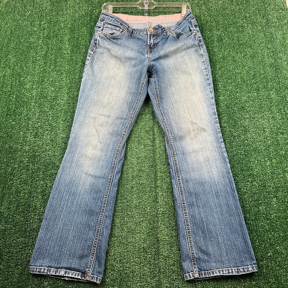 VTG LEI Low Rise Bootcut Jeans Womens 31x28 Blue Wash Flap Pocket Stretch Y2K